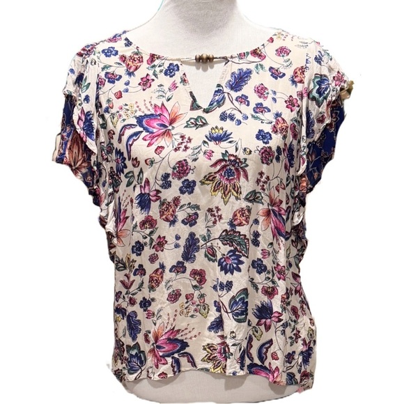Democracy Tops - Democracy Floral Top peek-a-boo with wood bead detailing. Size XS